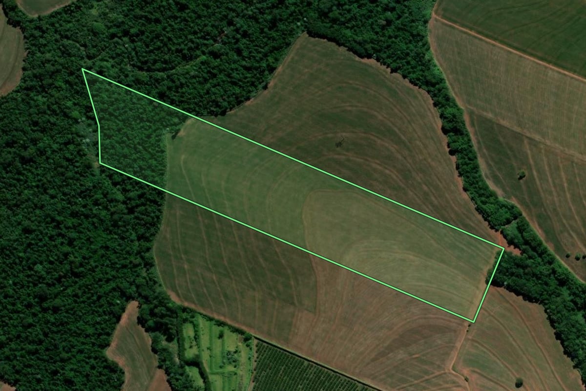 Imagem de satélite do imóvel rural em Floraí (PR), com o contorno declarado no CAR desenhado por cima.