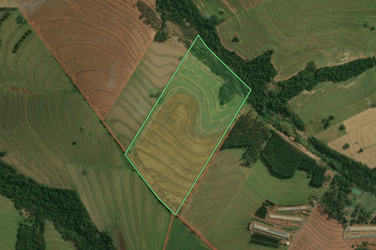 Imagem de satélite do imóvel rural em Floraí (PR), com o contorno declarado no CAR desenhado por cima.