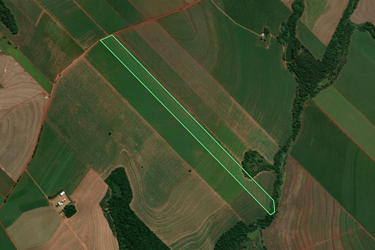 Imagem de satélite do imóvel rural em Floraí (PR), com o contorno declarado no CAR desenhado por cima.