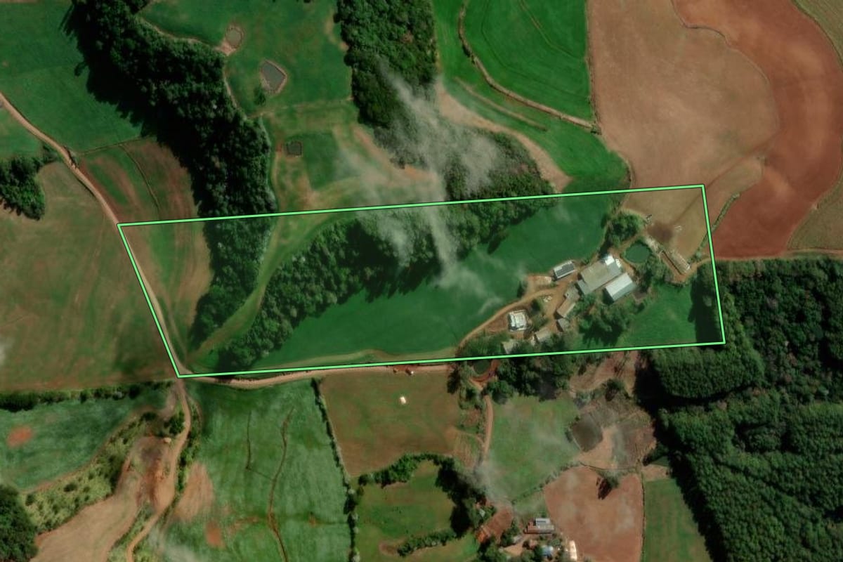 Imagem de satélite do imóvel rural em Flor da Serra do Sul (PR), com o contorno declarado no CAR desenhado por cima.
