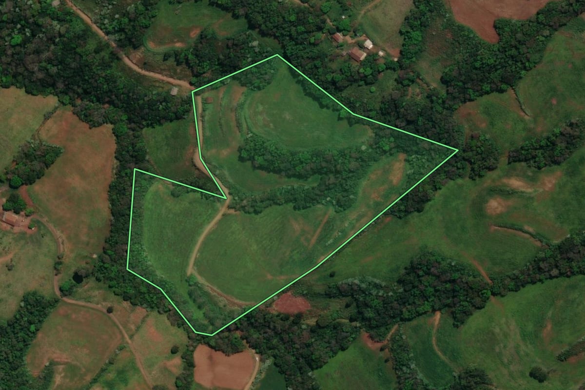 Imagem de satélite do imóvel rural em Flor da Serra do Sul (PR), com o contorno declarado no CAR desenhado por cima.
