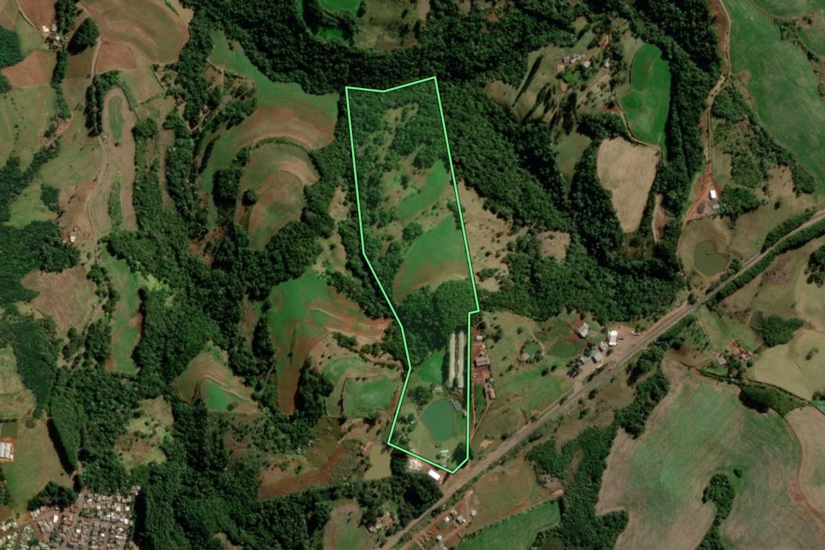 Imagem de satélite do imóvel rural em Flor da Serra do Sul (PR), com o contorno declarado no CAR desenhado por cima.
