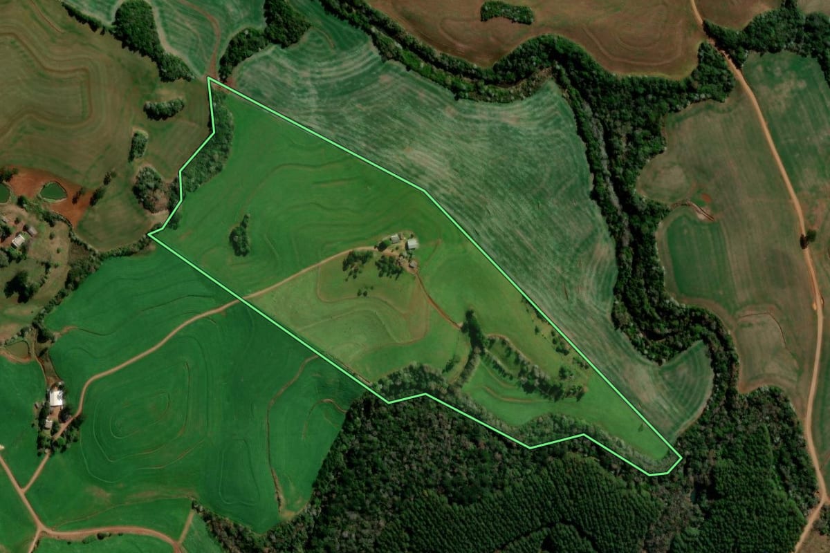 Imagem de satélite do imóvel rural em Flor da Serra do Sul (PR), com o contorno declarado no CAR desenhado por cima.