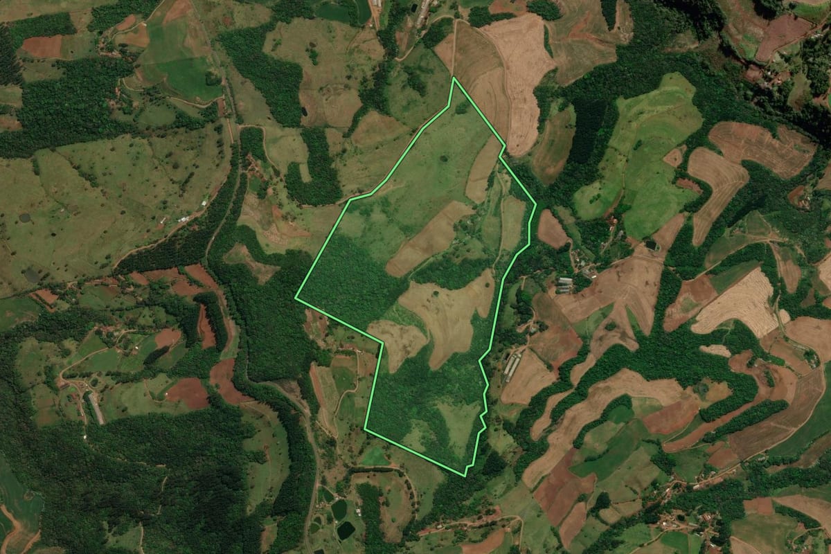 Imagem de satélite do imóvel rural em Flor da Serra do Sul (PR), com o contorno declarado no CAR desenhado por cima.