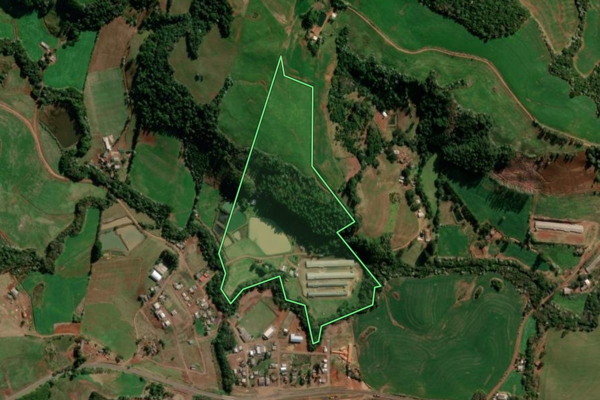 Imagem de satélite do imóvel rural em Flor da Serra do Sul (PR), com o contorno declarado no CAR desenhado por cima.