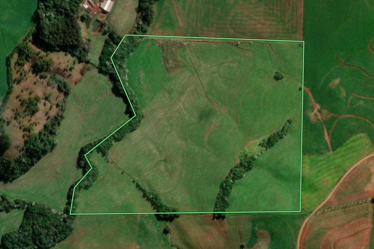 Imagem de satélite do imóvel rural em Flor da Serra do Sul (PR), com o contorno declarado no CAR desenhado por cima.