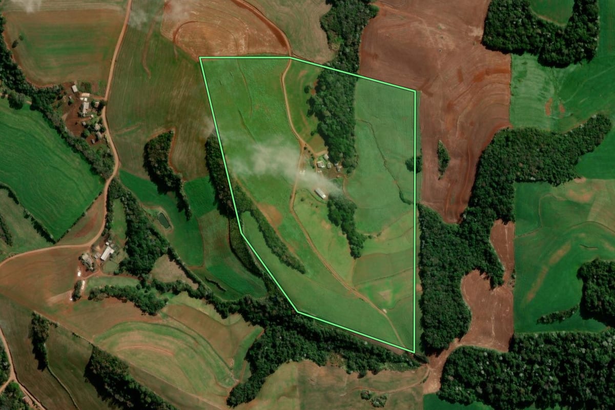 Imagem de satélite do imóvel rural em Flor da Serra do Sul (PR), com o contorno declarado no CAR desenhado por cima.