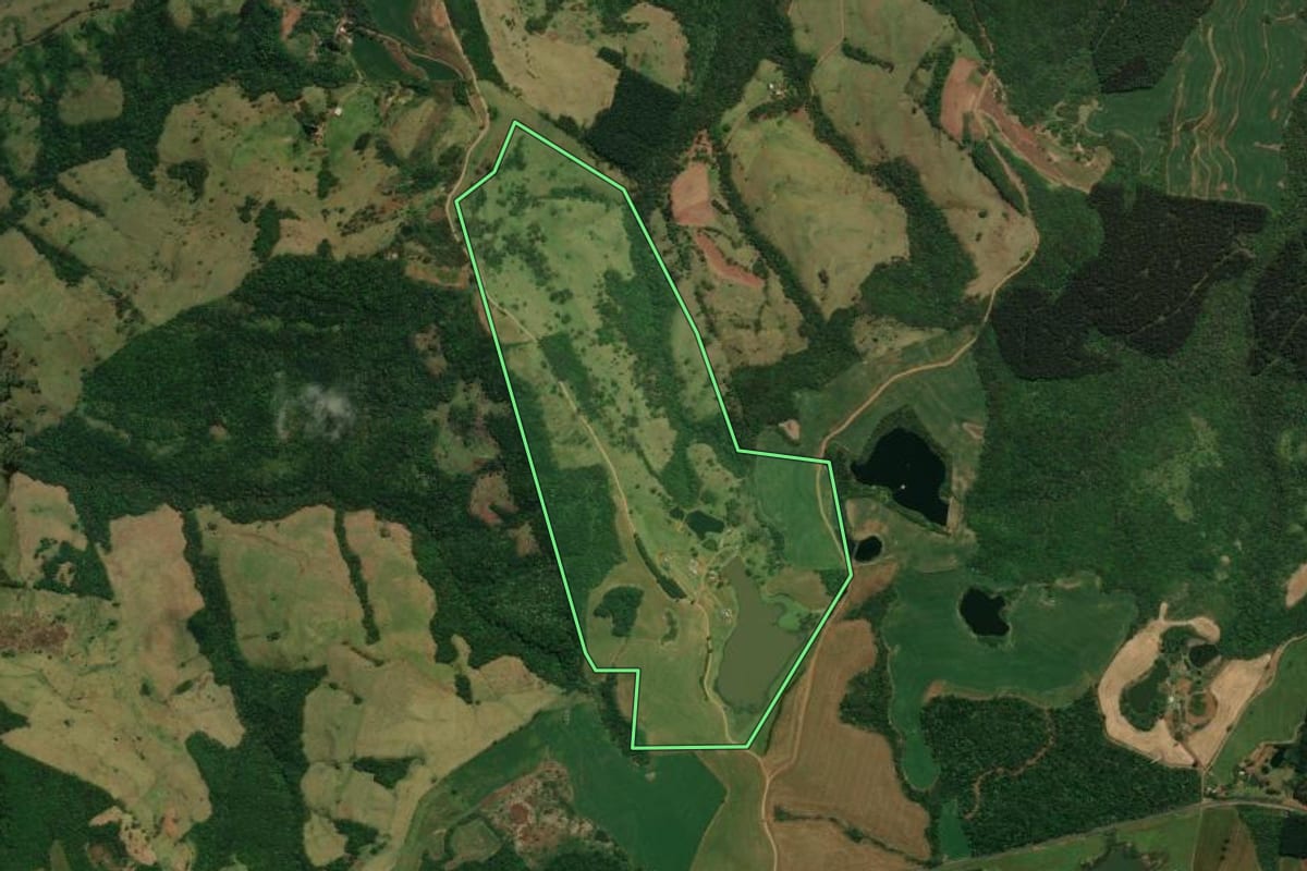 Imagem de satélite do imóvel rural em Flor da Serra do Sul (PR), com o contorno declarado no CAR desenhado por cima.