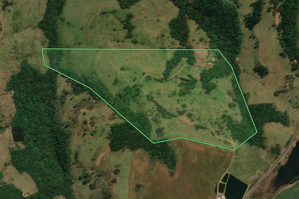 Imagem de satélite do imóvel rural em Flor da Serra do Sul (PR), com o contorno declarado no CAR desenhado por cima.