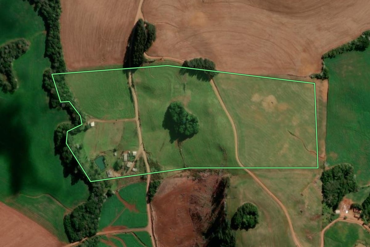 Imagem de satélite do imóvel rural em Flor da Serra do Sul (PR), com o contorno declarado no CAR desenhado por cima.