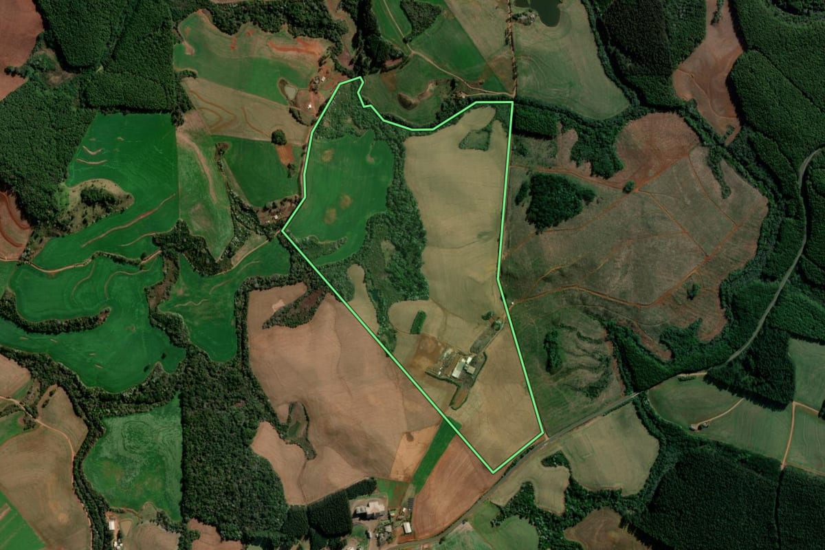 Imagem de satélite do imóvel rural em Flor da Serra do Sul (PR), com o contorno declarado no CAR desenhado por cima.