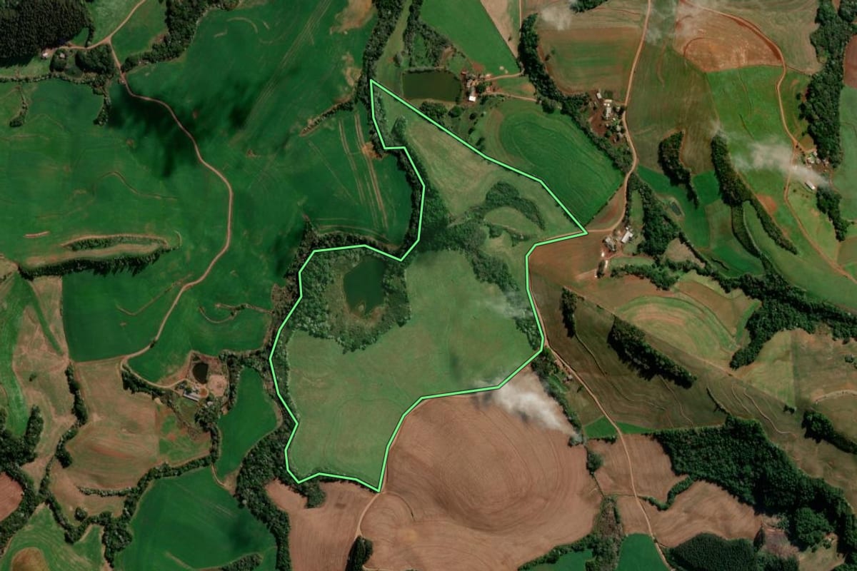 Imagem de satélite do imóvel rural em Flor da Serra do Sul (PR), com o contorno declarado no CAR desenhado por cima.