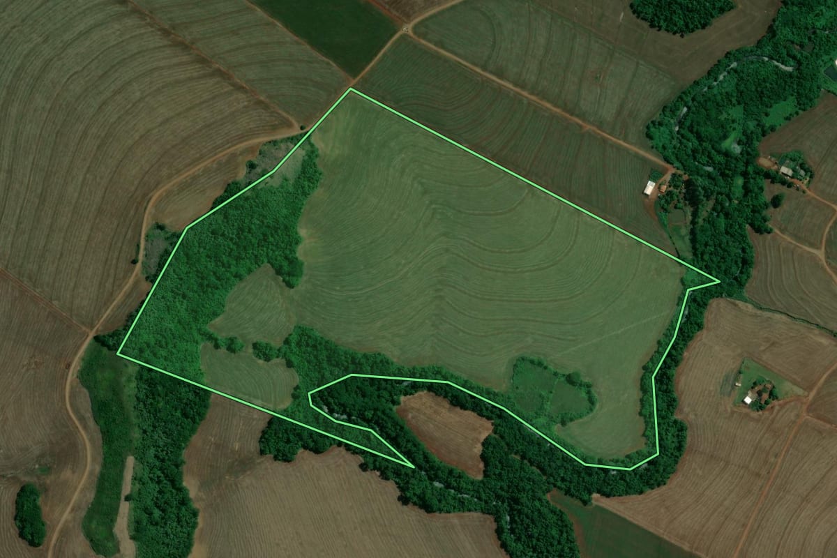 Imagem de satélite do imóvel rural em Floresta (PR), com o contorno declarado no CAR desenhado por cima.