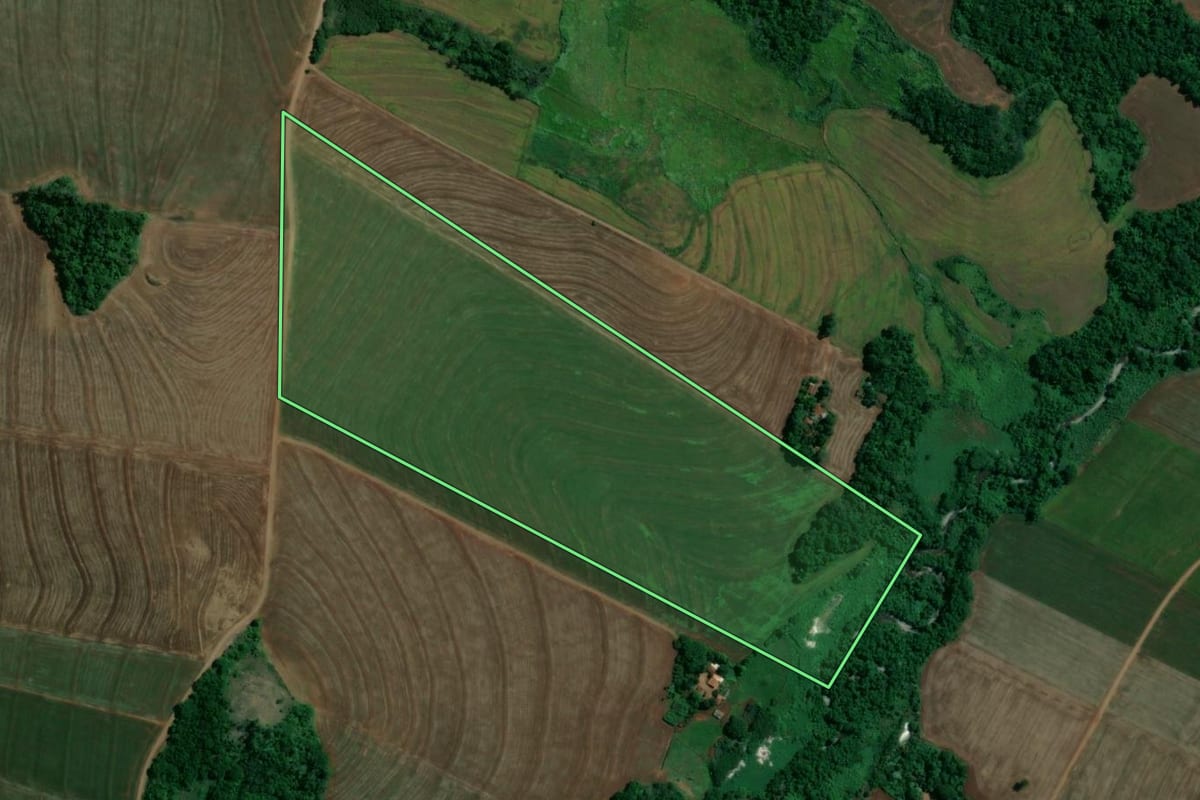 Imagem de satélite do imóvel rural em Floresta (PR), com o contorno declarado no CAR desenhado por cima.