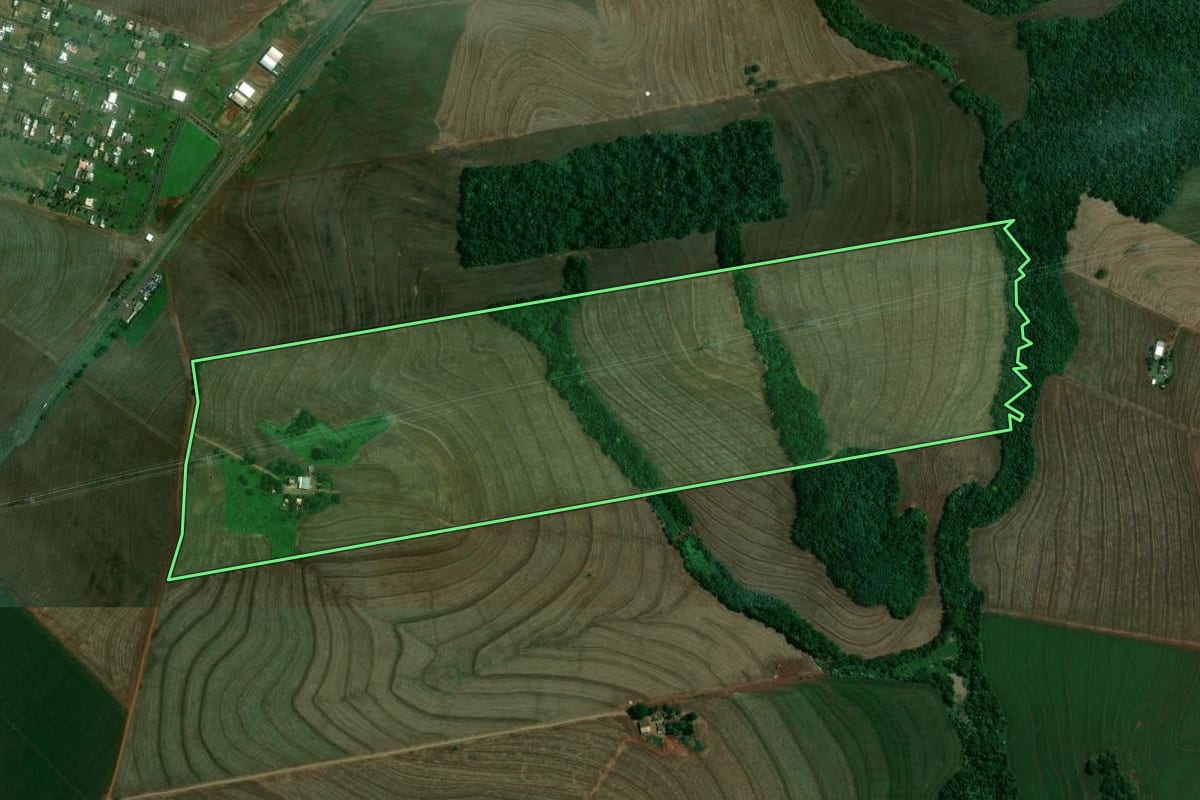 Imagem de satélite do imóvel rural em Floresta (PR), com o contorno declarado no CAR desenhado por cima.