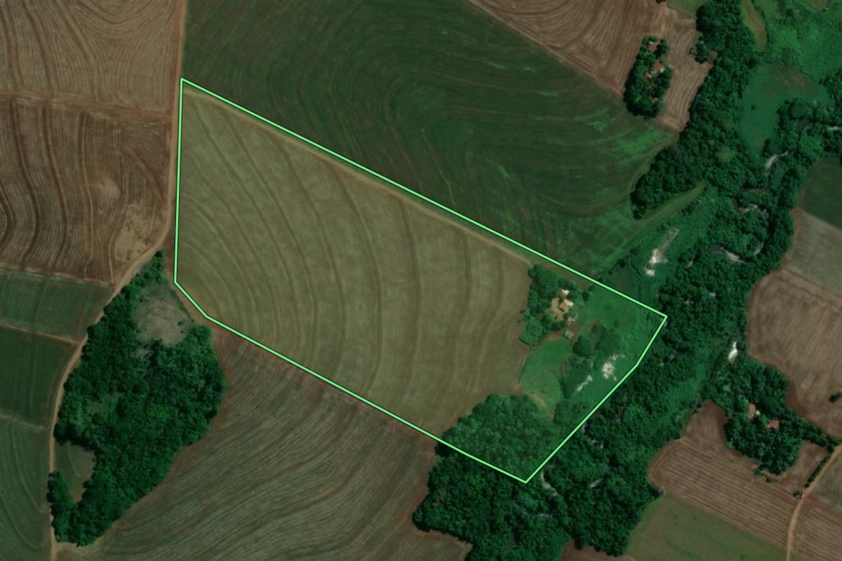 Imagem de satélite do imóvel rural em Floresta (PR), com o contorno declarado no CAR desenhado por cima.