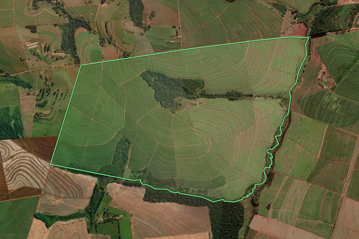 Imagem de satélite do imóvel rural em Florestópolis (PR), com o contorno declarado no CAR desenhado por cima.