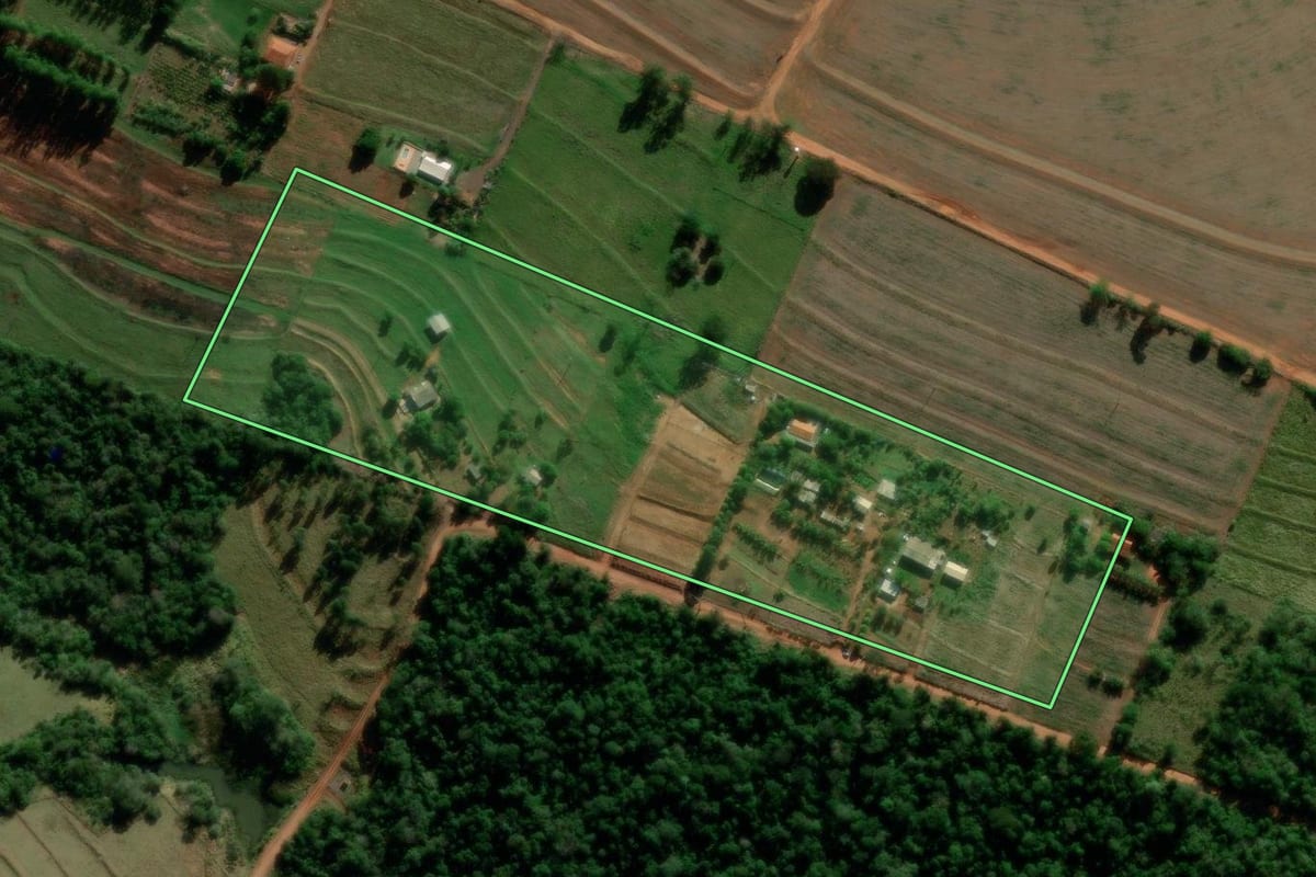 Imagem de satélite do imóvel rural em Florestópolis (PR), com o contorno declarado no CAR desenhado por cima.