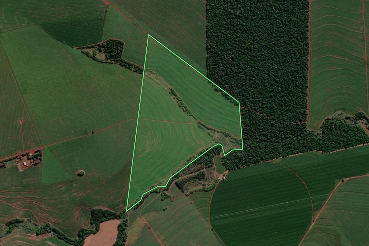 Imagem de satélite do imóvel rural em Florestópolis (PR), com o contorno declarado no CAR desenhado por cima.