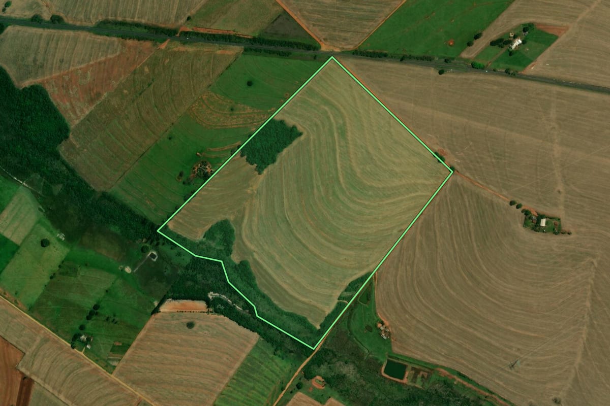 Imagem de satélite do imóvel rural em Francisco Alves (PR), com o contorno declarado no CAR desenhado por cima.