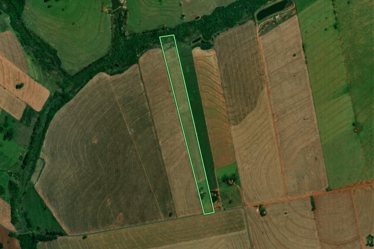 Imagem de satélite do imóvel rural em Francisco Alves (PR), com o contorno declarado no CAR desenhado por cima.