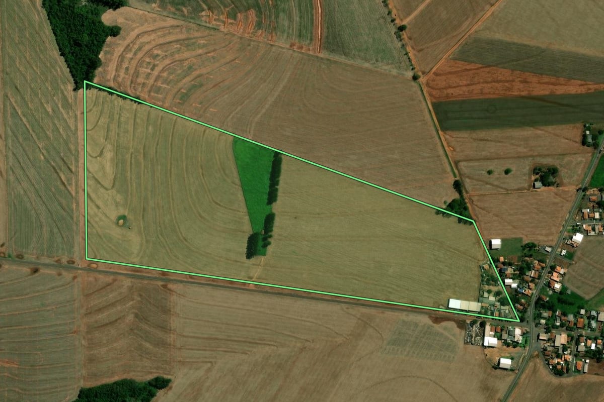 Imagem de satélite do imóvel rural em Francisco Alves (PR), com o contorno declarado no CAR desenhado por cima.