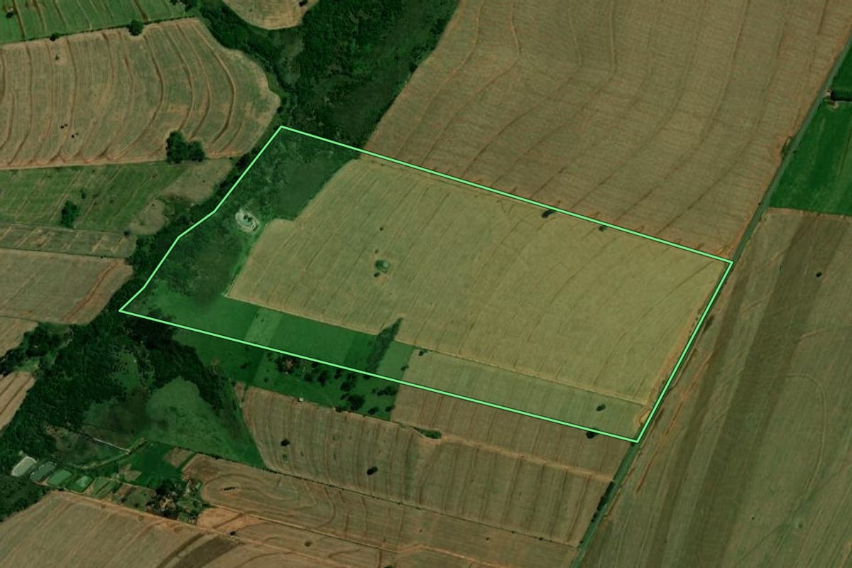 Imagem de satélite do imóvel rural em Francisco Alves (PR), com o contorno declarado no CAR desenhado por cima.