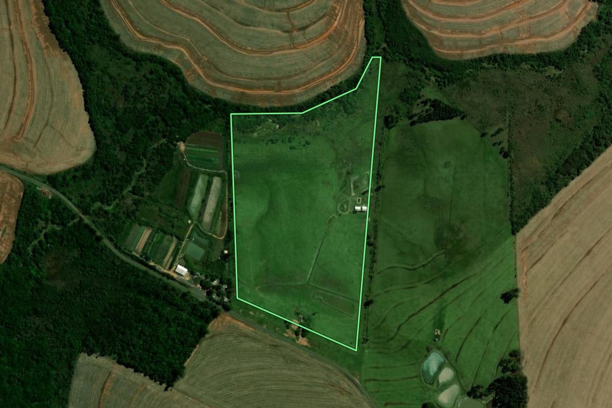 Imagem de satélite do imóvel rural em Francisco Alves (PR), com o contorno declarado no CAR desenhado por cima.