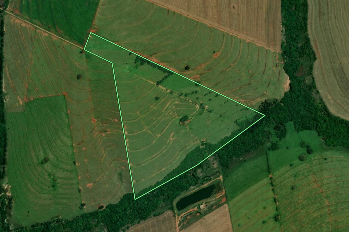 Imagem de satélite do imóvel rural em Francisco Alves (PR), com o contorno declarado no CAR desenhado por cima.