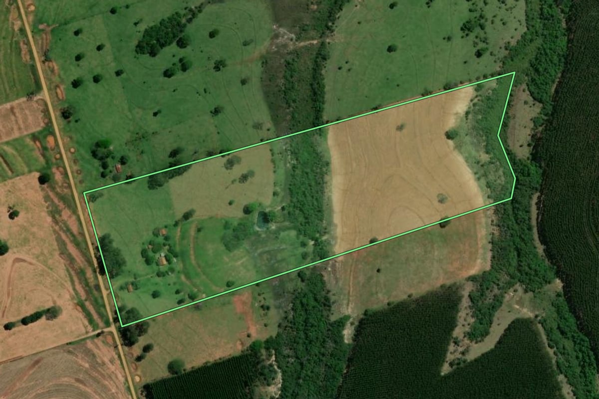 Imagem de satélite do imóvel rural em Francisco Alves (PR), com o contorno declarado no CAR desenhado por cima.