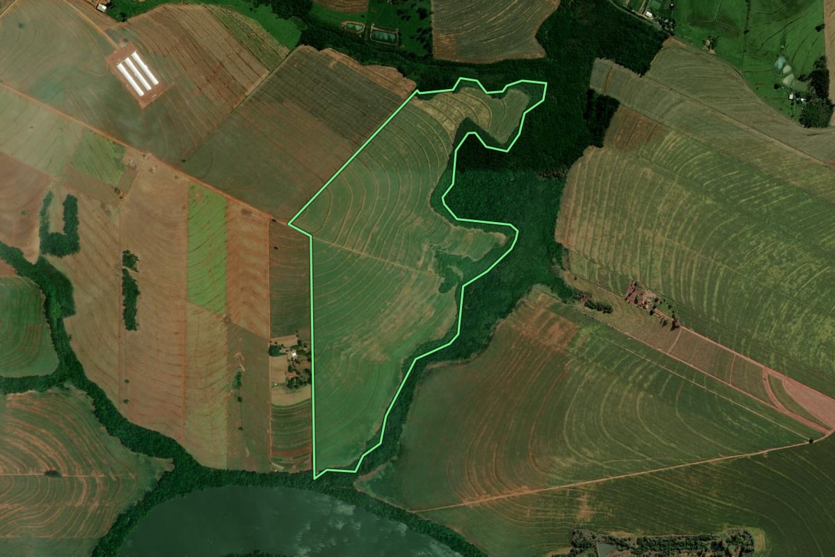 Imagem de satélite do imóvel rural em Francisco Alves (PR), com o contorno declarado no CAR desenhado por cima.