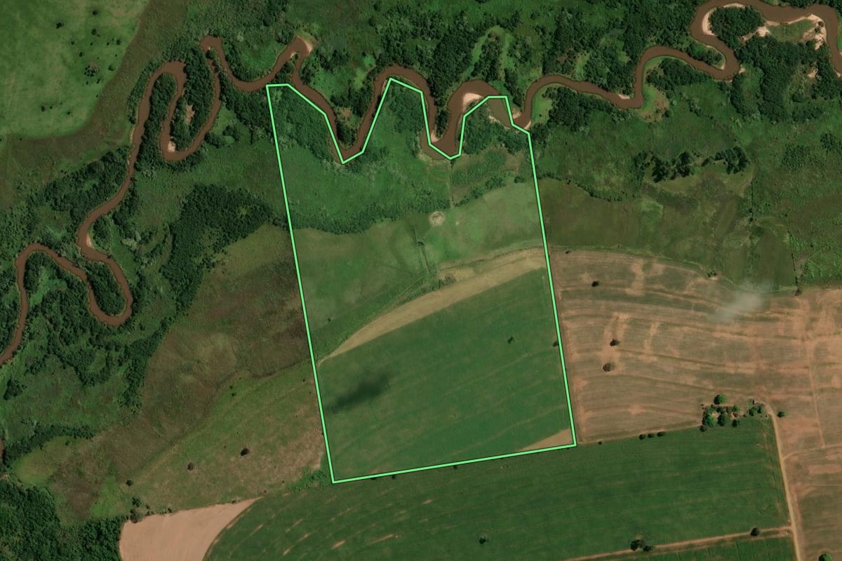 Imagem de satélite do imóvel rural em Francisco Alves (PR), com o contorno declarado no CAR desenhado por cima.