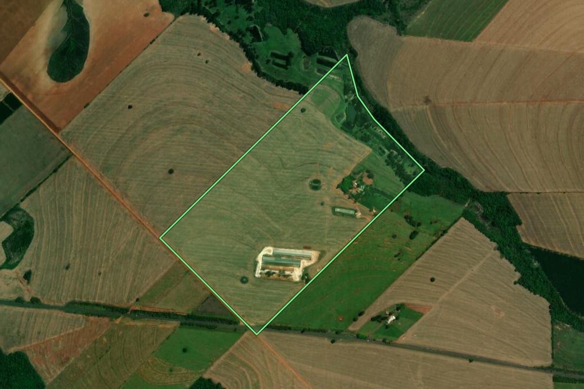 Imagem de satélite do imóvel rural em Francisco Alves (PR), com o contorno declarado no CAR desenhado por cima.