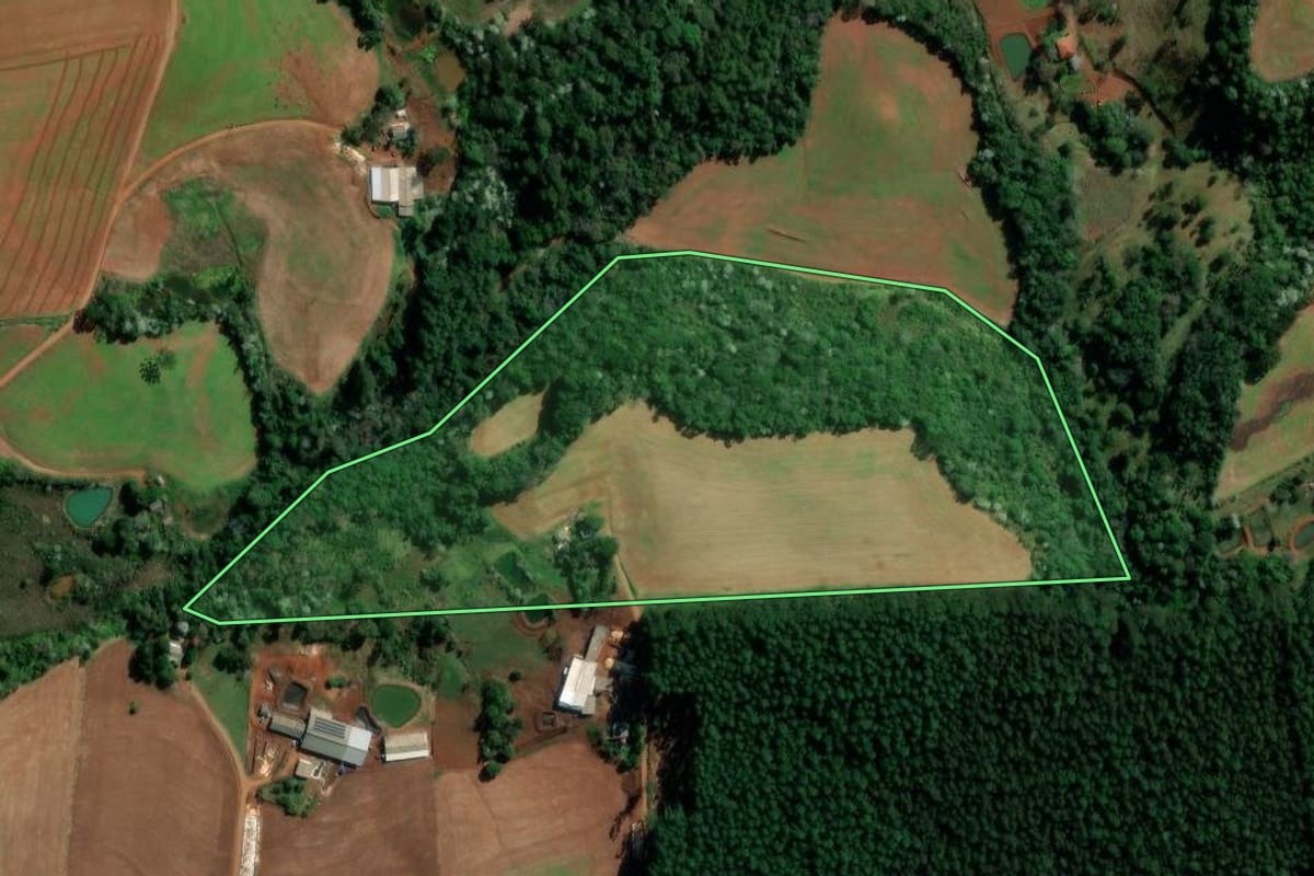 Imagem de satélite do imóvel rural em Francisco Beltrão (PR), com o contorno declarado no CAR desenhado por cima.