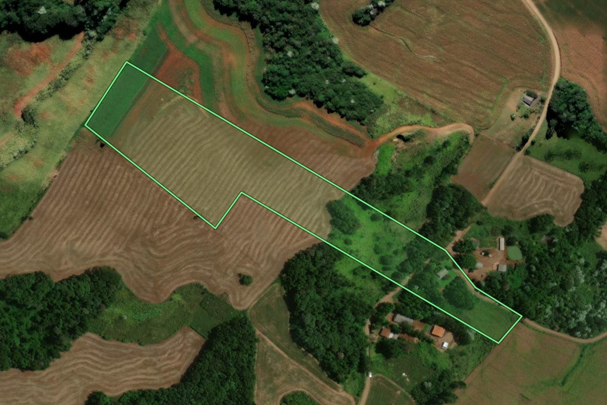 Imagem de satélite do imóvel rural em Francisco Beltrão (PR), com o contorno declarado no CAR desenhado por cima.