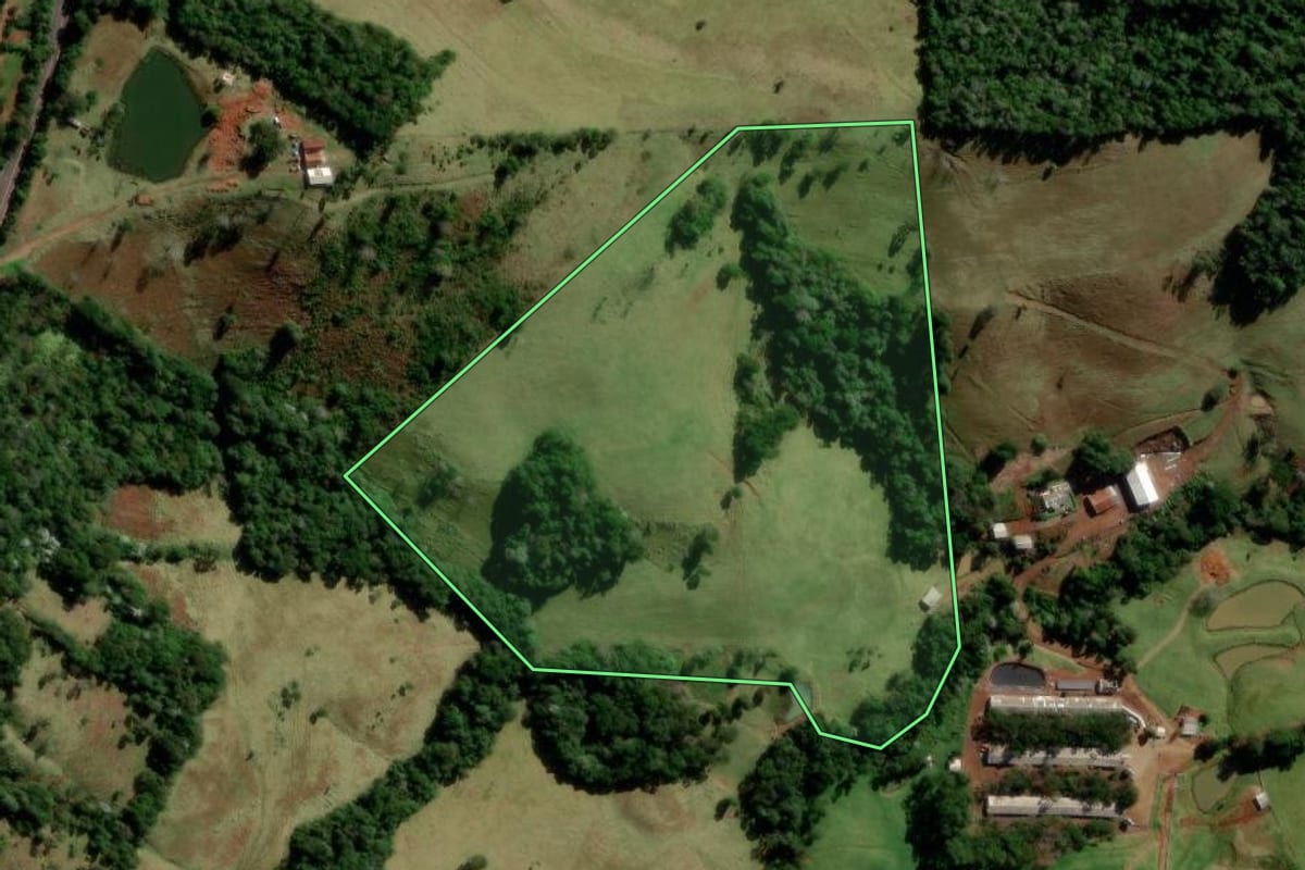 Imagem de satélite do imóvel rural em Francisco Beltrão (PR), com o contorno declarado no CAR desenhado por cima.