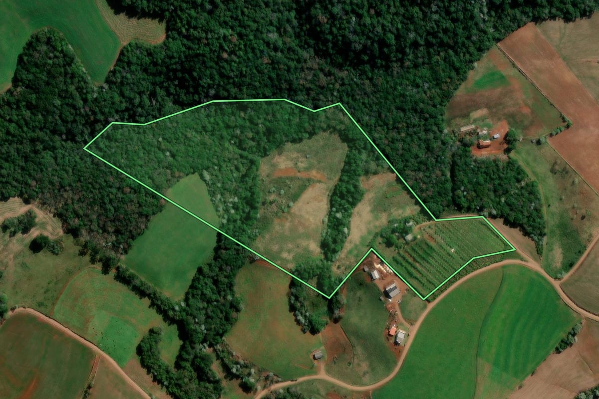 Imagem de satélite do imóvel rural em Francisco Beltrão (PR), com o contorno declarado no CAR desenhado por cima.