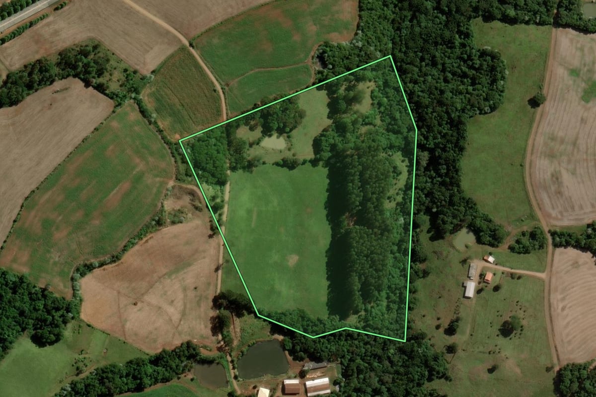 Imagem de satélite do imóvel rural em Francisco Beltrão (PR), com o contorno declarado no CAR desenhado por cima.