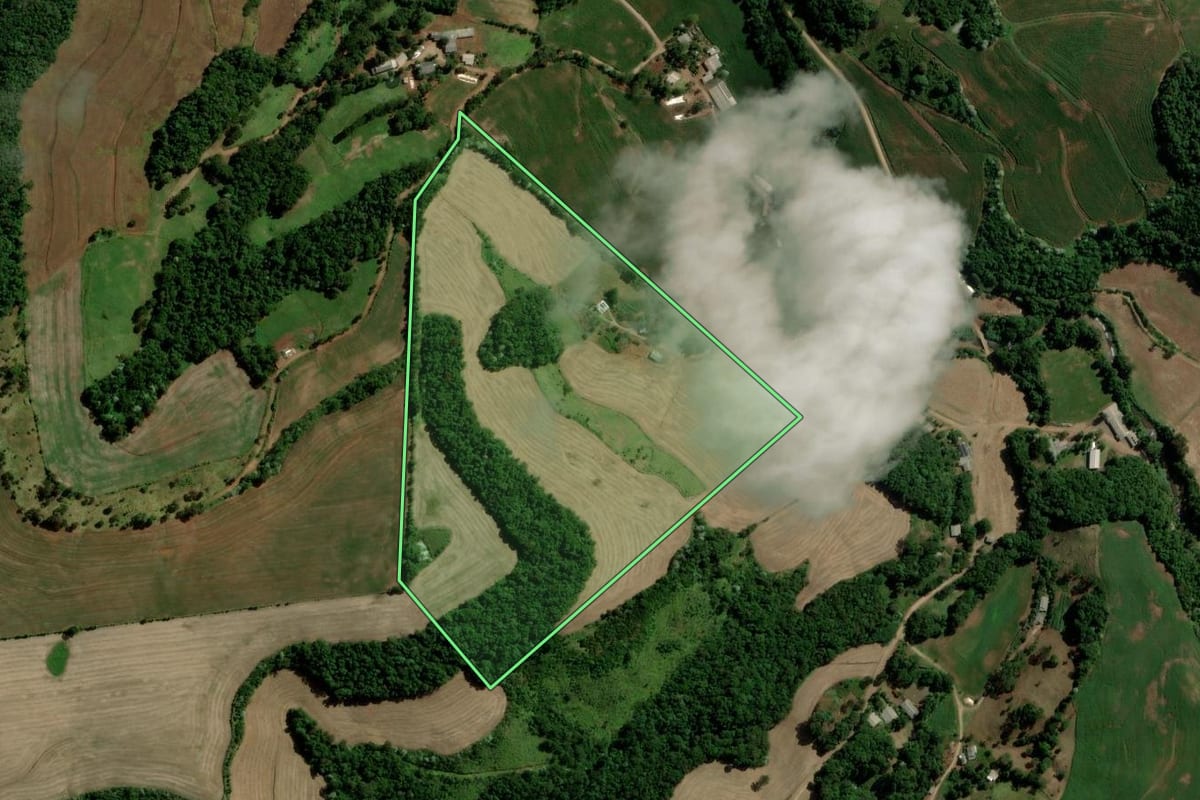 Imagem de satélite do imóvel rural em Francisco Beltrão (PR), com o contorno declarado no CAR desenhado por cima.