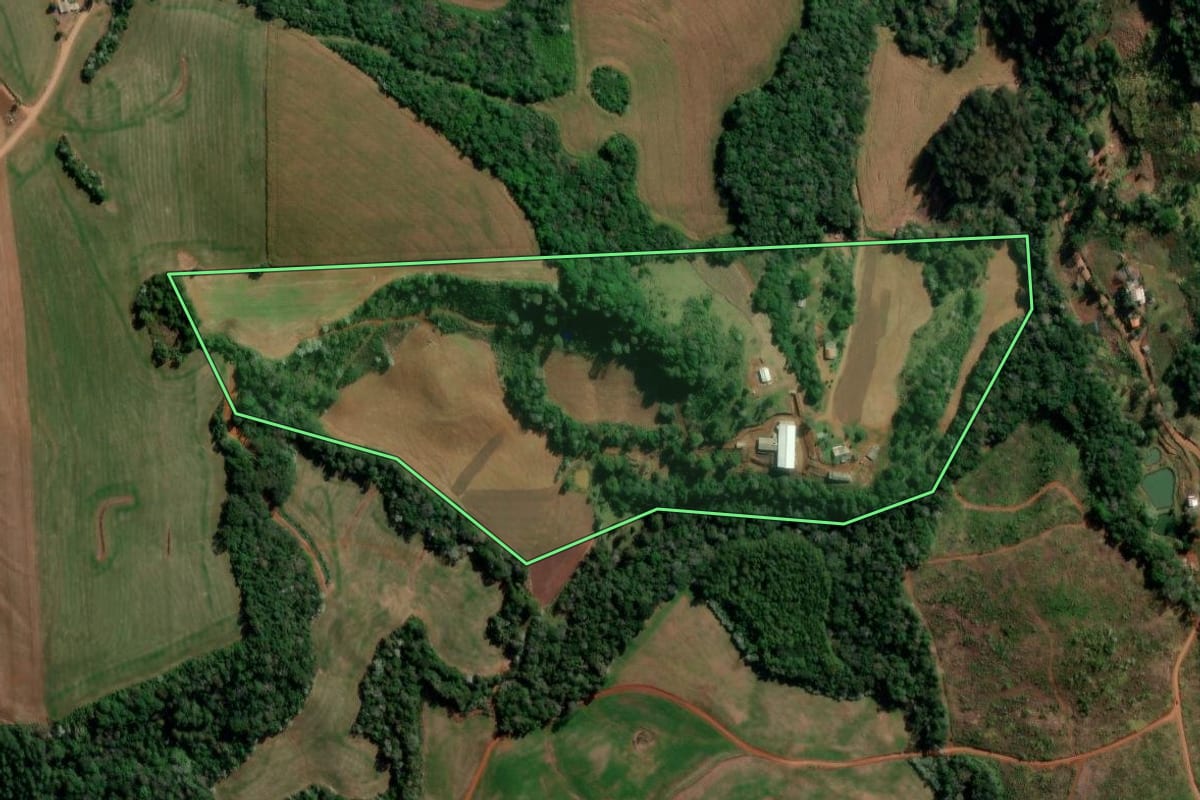 Imagem de satélite do imóvel rural em Francisco Beltrão (PR), com o contorno declarado no CAR desenhado por cima.
