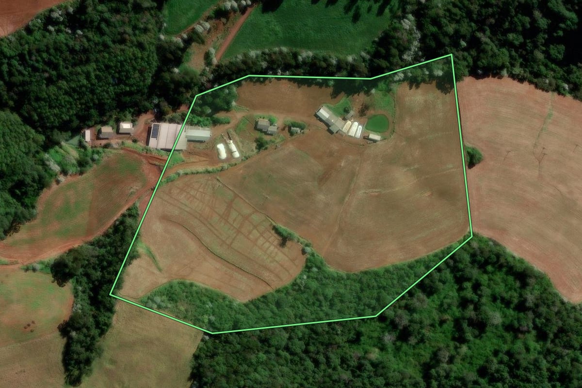 Imagem de satélite do imóvel rural em Francisco Beltrão (PR), com o contorno declarado no CAR desenhado por cima.