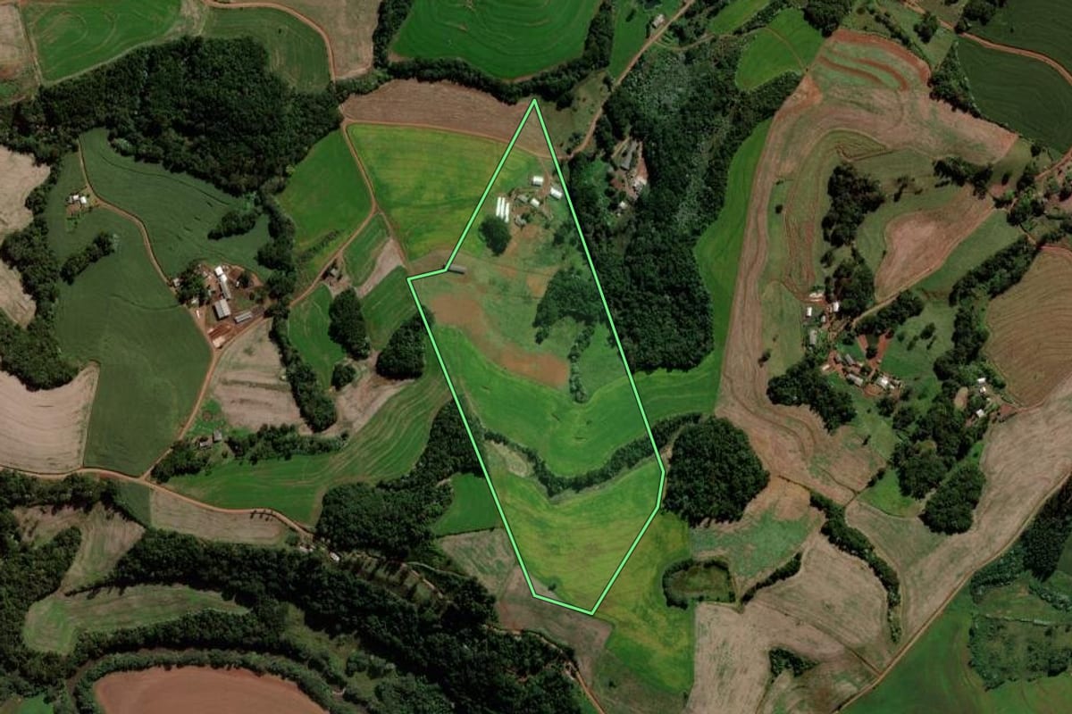Imagem de satélite do imóvel rural em Francisco Beltrão (PR), com o contorno declarado no CAR desenhado por cima.