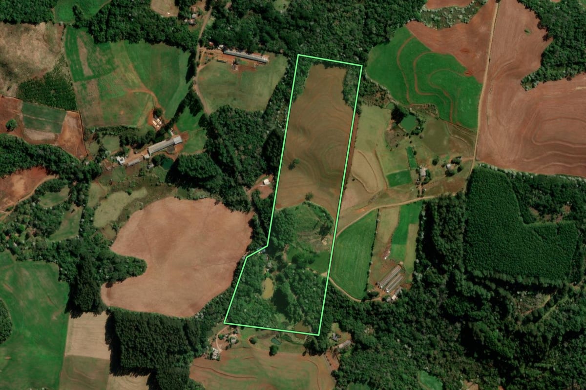 Imagem de satélite do imóvel rural em Francisco Beltrão (PR), com o contorno declarado no CAR desenhado por cima.