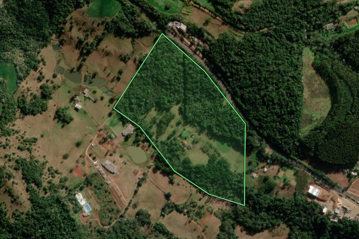 Imagem de satélite do imóvel rural em Francisco Beltrão (PR), com o contorno declarado no CAR desenhado por cima.