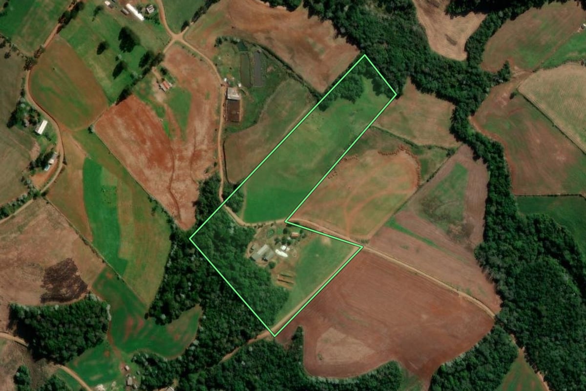 Imagem de satélite do imóvel rural em Francisco Beltrão (PR), com o contorno declarado no CAR desenhado por cima.