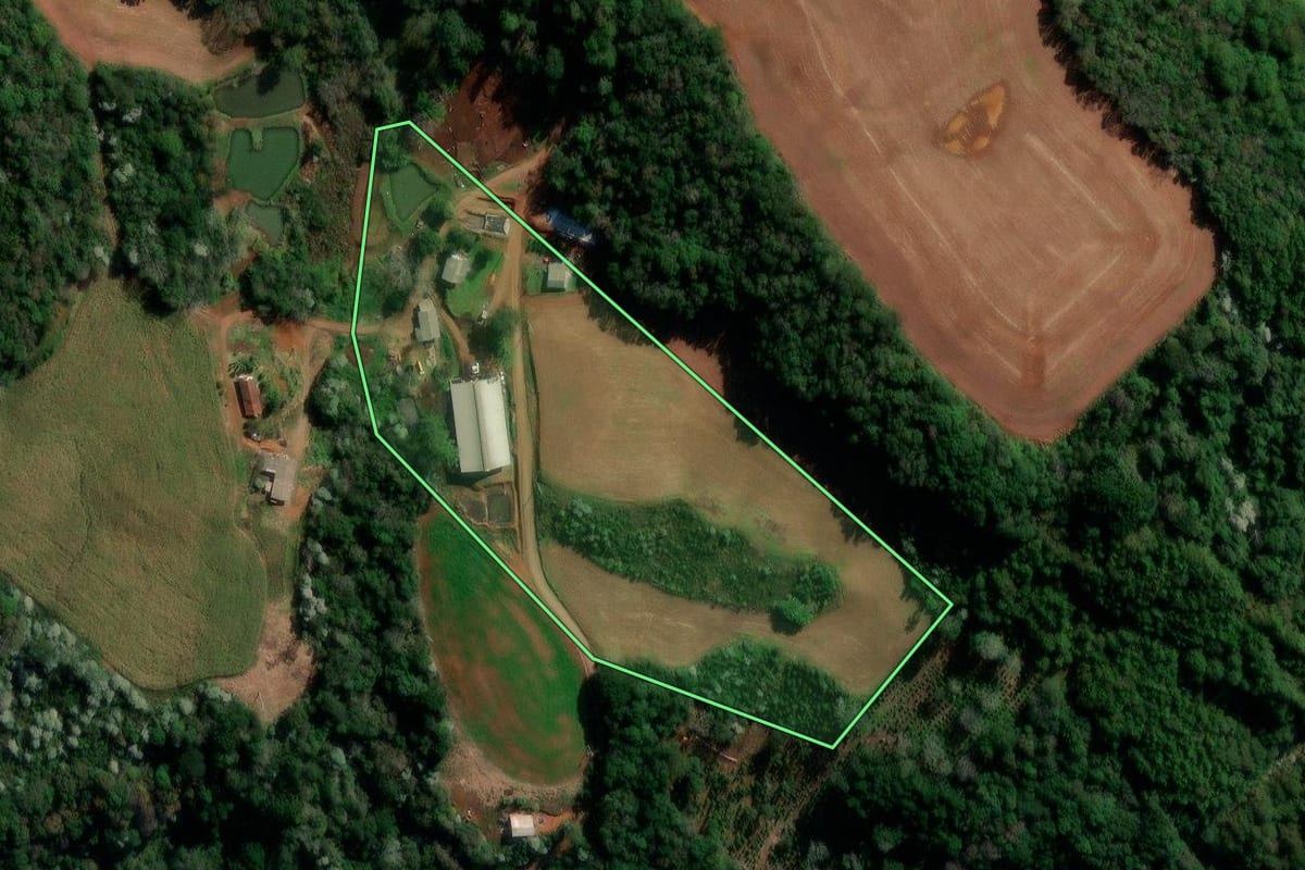 Imagem de satélite do imóvel rural em Francisco Beltrão (PR), com o contorno declarado no CAR desenhado por cima.
