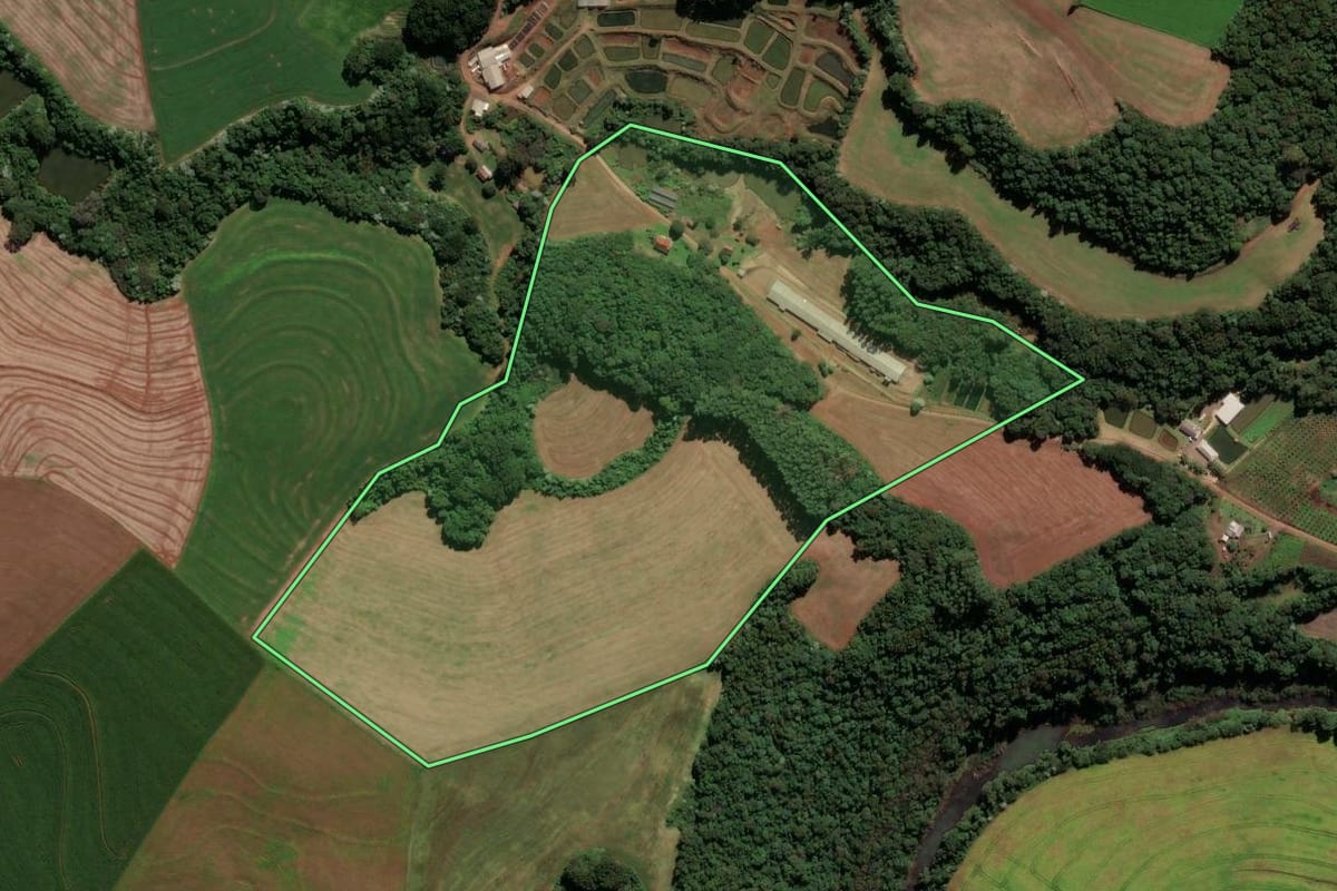 Imagem de satélite do imóvel rural em Francisco Beltrão (PR), com o contorno declarado no CAR desenhado por cima.