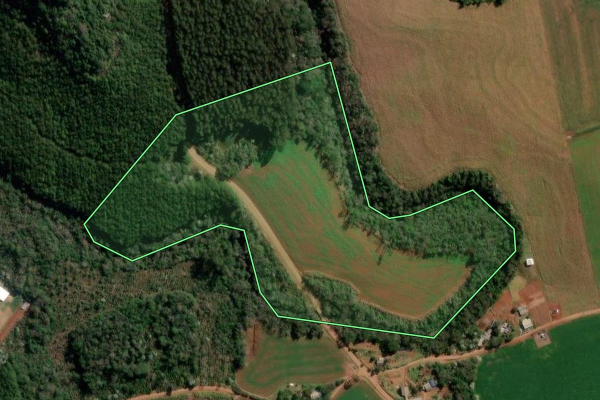 Imagem de satélite do imóvel rural em Francisco Beltrão (PR), com o contorno declarado no CAR desenhado por cima.