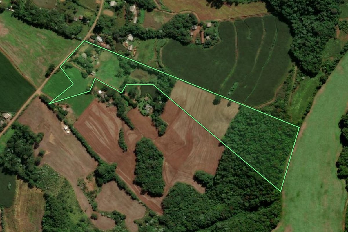 Imagem de satélite do imóvel rural em Francisco Beltrão (PR), com o contorno declarado no CAR desenhado por cima.
