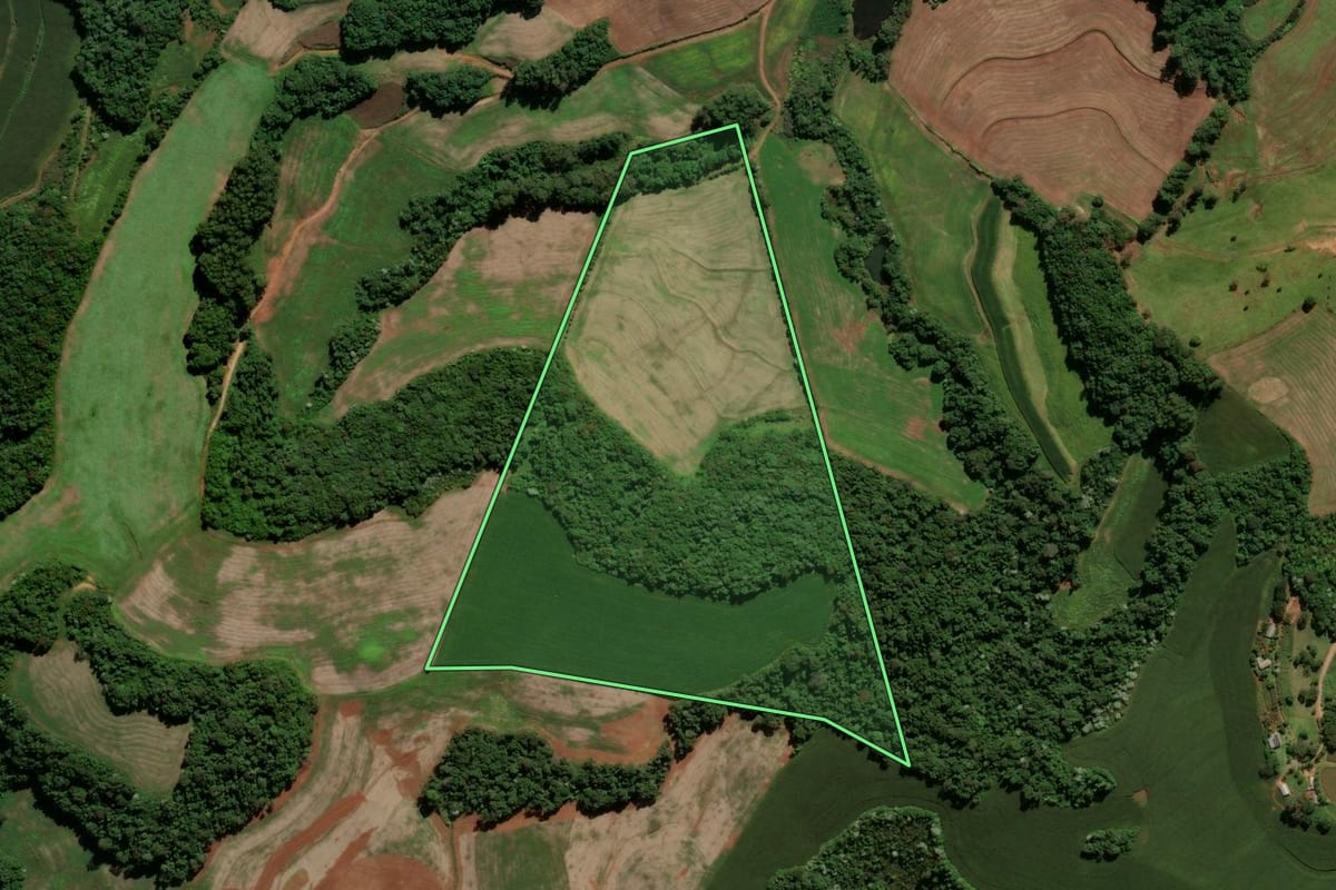 Imagem de satélite do imóvel rural em Francisco Beltrão (PR), com o contorno declarado no CAR desenhado por cima.